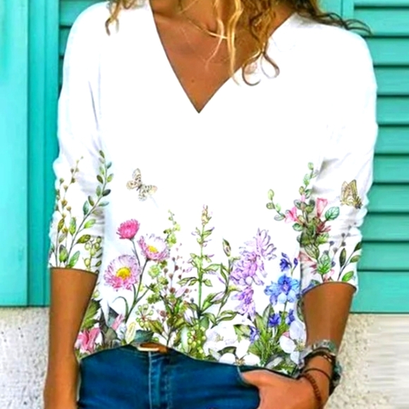 MISSLOOK White Floral Butterfly V-neck Top 2XL - Picture 1 of 9